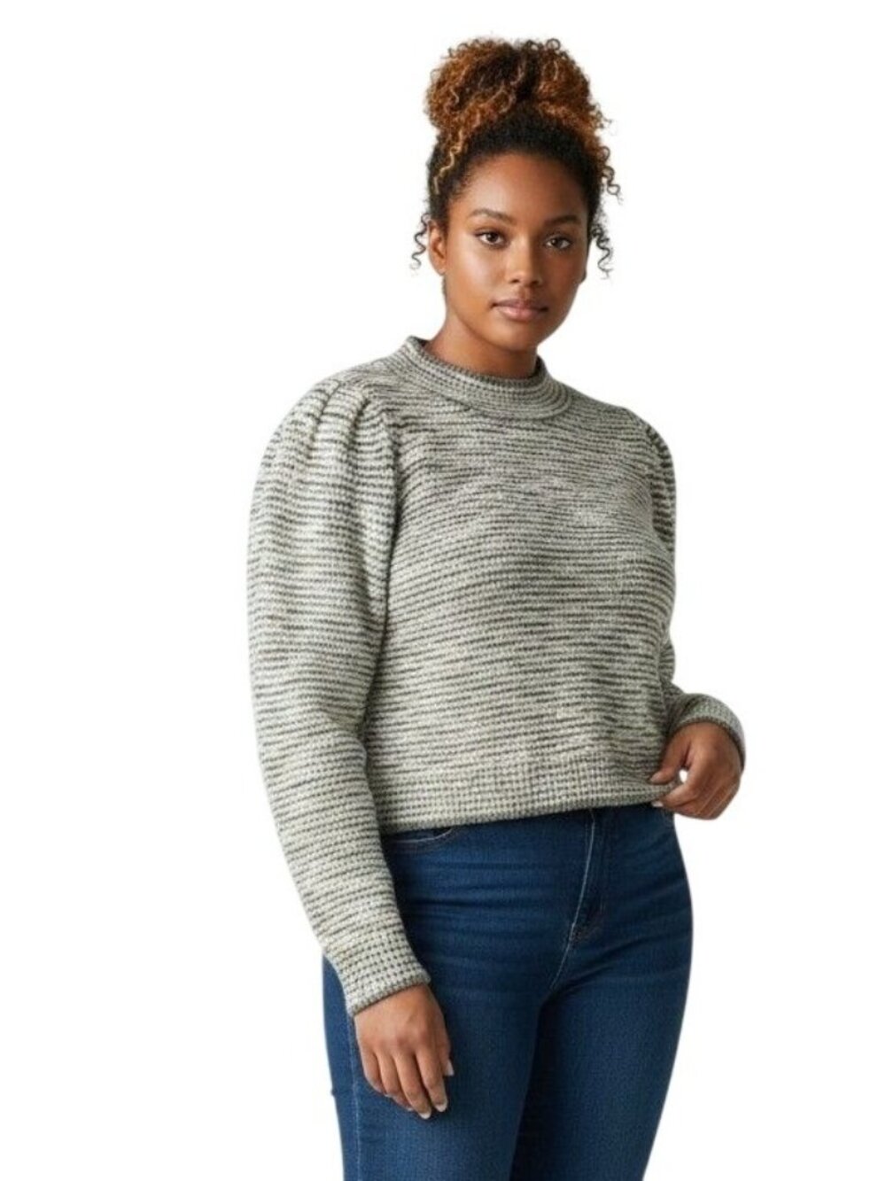 Treasure & Bond Plus Size Puff-Sleeve Cropped Marled Wool Blend Sweater, 3X